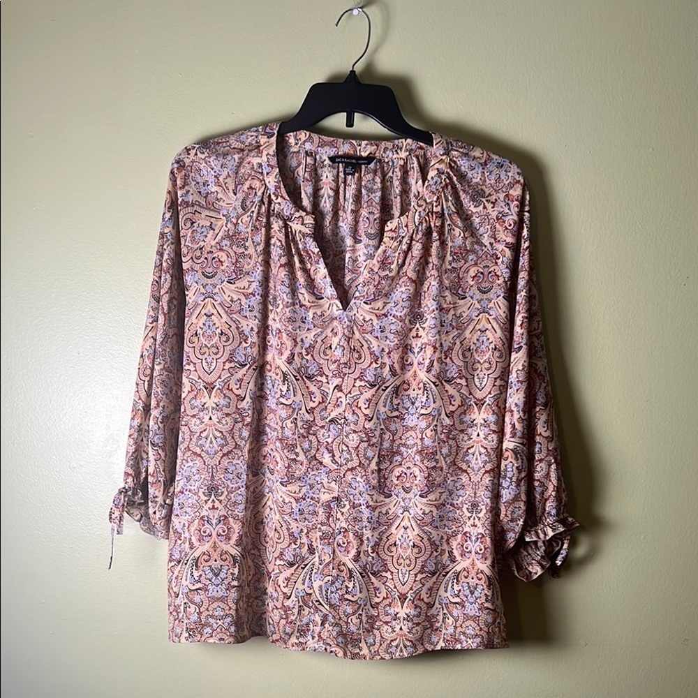 Zac & Rachel Pink 3/4 Sleeve Relaxed Blouse with Mandarin Collar